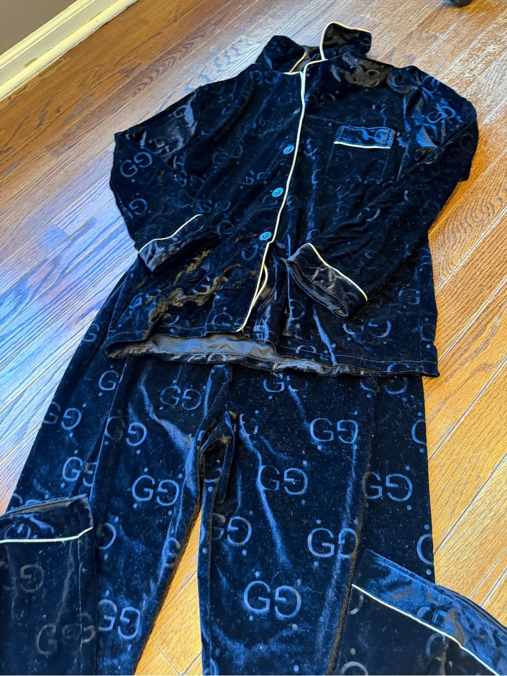 Black Velvet Pajama Set with Cream Trim